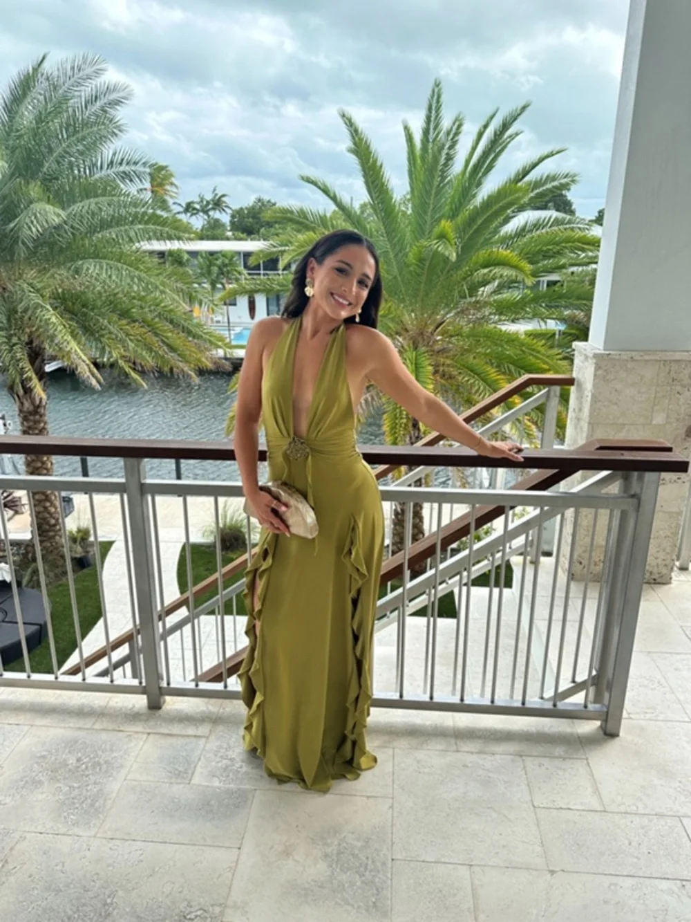 WeWoreWhat Halter Ruffle Maxi Dress Olive Green with Slits & Front Rosette - Picture 6 of 13